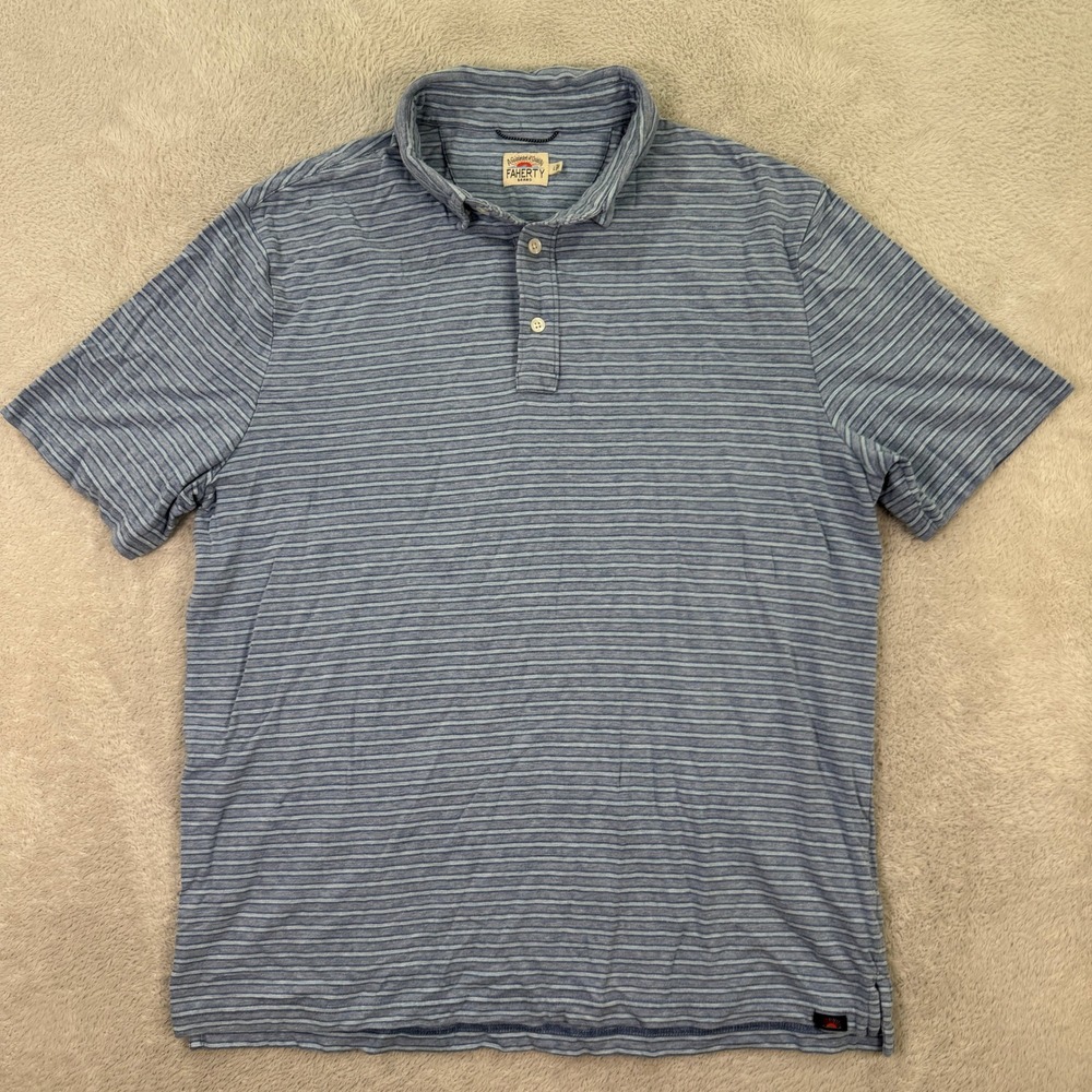Faherty Brand Men Large Short Sleeve Striped Polo Shirt Blue Cotton Modal Casual
